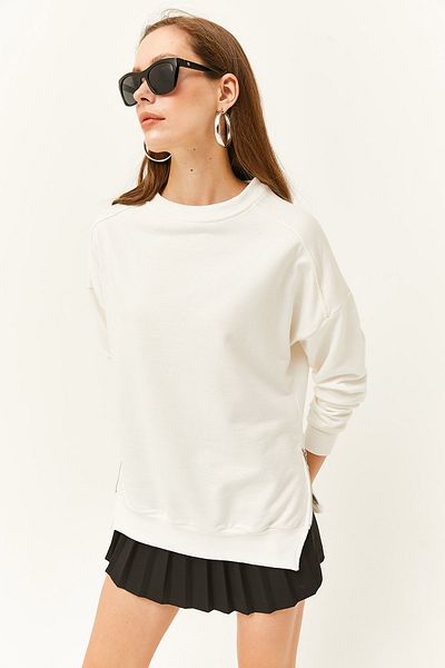 Olalook Women's Ecru Thick Sweatshirt with Side Zipper Detail and Fleece Inside SWT-19000624
