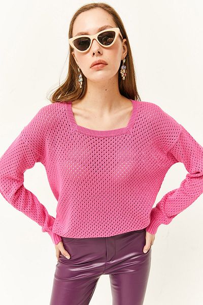 Olalook Pulover de damă roz, cu guler pătrat, tricotaj ajurat KZK-19000663