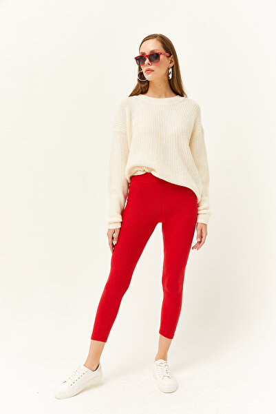 Olalook Kadın Kırmızı Kalın Fitilli Şardonlu Tayt TYT-19000077