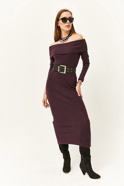 Olalook Pflaumenfarbenes langes Kleid aus Lycra mit Madonna-Kragen für Damen ELB-19000752