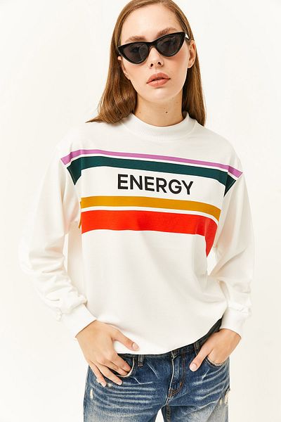 Olalook Women's Energy Ecru Printed Soft Textured Sweatshirt SWT-19000627