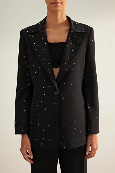 Trendyol Collection Μαύρο κανονικό υφαντό τζάκετ με πέτρα με λεπτομέρειες TWOAW24BC00078