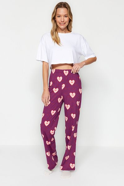 Trendyol Collection Lila gestrickte Pyjama-Unterseite mit Herzen – 100 % Baumwolle THMAW24PJ00003