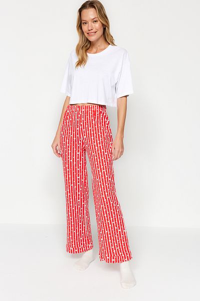 Trendyol Collection Červené pruhované bavlněné pyžamové kalhoty se srdíčky - Thmss23Pj00002