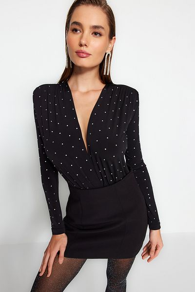 Trendyol Collection Czarny, wyściełany, dzianinowy kombinezon Tpraw24Bd00043