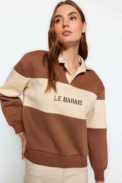 Trendyol Collection Brown Thick Fleece Inside Regular/Regular Fit Embroidered Polo Collar Knitted Sweatshirt TWOAW24SW00397