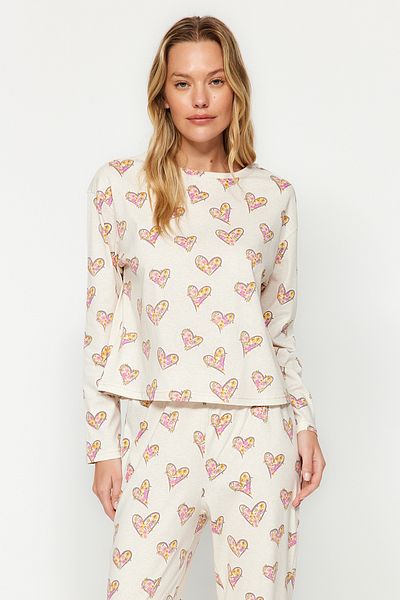 Trendyol Collection HearT Cream T-shirt and Jogger Sleepwear SeT 100% CoTTon - THMAW24PT00116