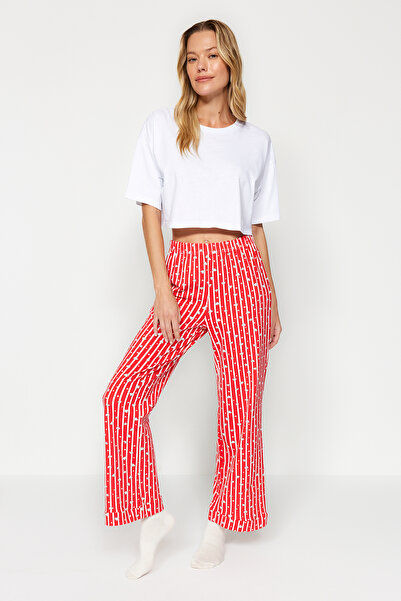 Trendyol Collection Szív piros csíkos pamut pizsama alsó - THMSS23PJ00002