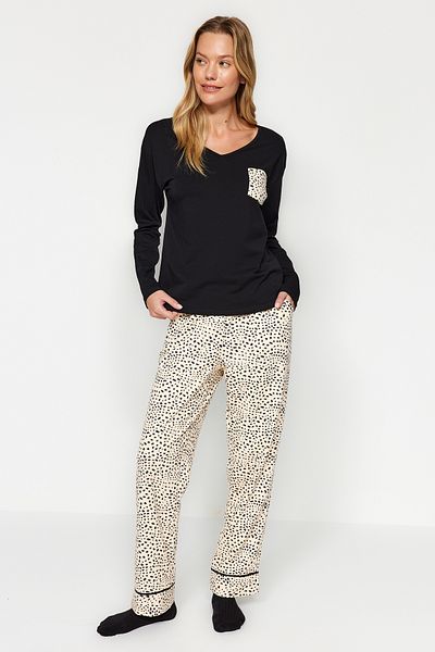 Trendyol Collection Sada pyžama s leopardím vzorem, 100% bavlna, černá-vícebarevná Thmaw24Pt00209