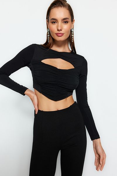 Trendyol Collection Μαύρο ντραπέ Παράθυρο/Αποκομμένη Λεπτομερής Πλεκτή Μπλούζα TPRAW24BZ00077