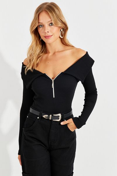Cool & Sexy Schwarze Damenbluse mit Reißverschluss und Madonna-Kragen EY2559