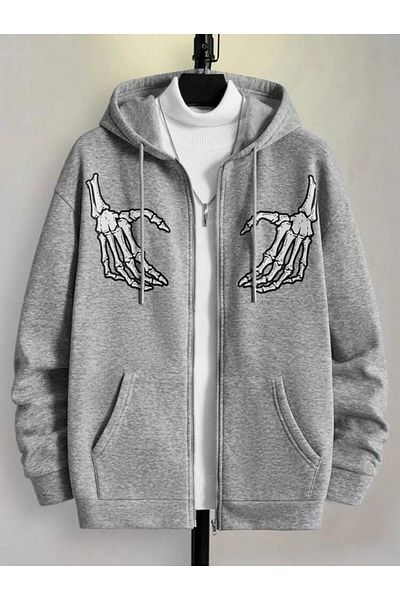 SELENA BUTİK Oversize Unisex Gray Skeleton Printed Cardigan