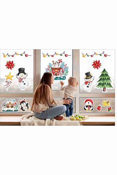 Yılbaşı Temalı Noel Baba Penguen Suluboya Cam Duvar Sticker Seti