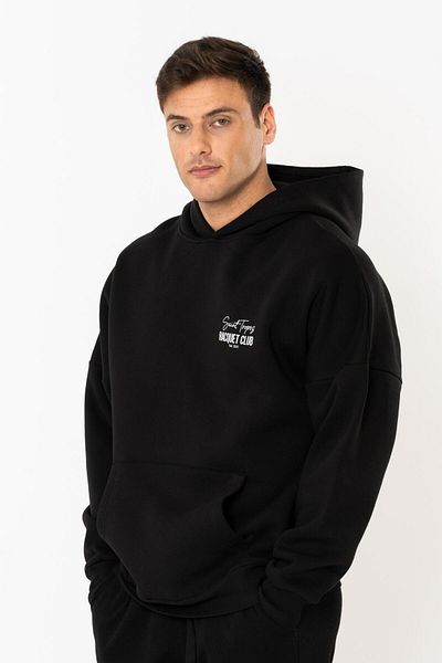 Coredra Мъжки суичър с качулка Racquet Lover Oversize - черен