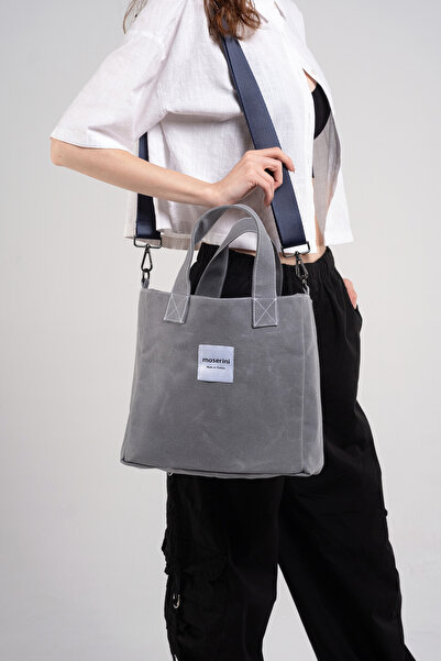 Moserini M Bag Kadın Gri Mumlu Kanvas Eskitme Çanta Lacivert Omuz Askılı Tote...