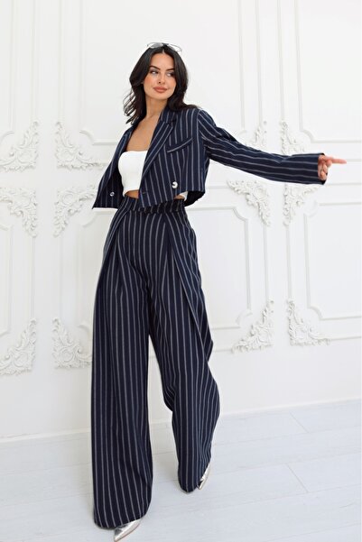 Reyon ELYSIAN STORE-Kadın Pileli Çizgili Palazzo Pantolon