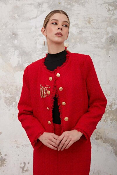 mavi pencere Ceket - Püskül, Etek - Yırtmaç Detaylı, Chanel Ceket - Etek Takım, Alt - Üst Takım