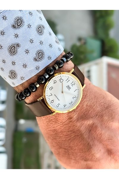 Q&Q Brand Retro Brown 24 months Warranty, Waterproof, Leather Strap with Numbers Men's Wristwatch+Bracelet