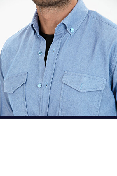 Varetta Cămașă din denim cu mânecă lungă din lycra, albastru deschis, cu buzunar dublu