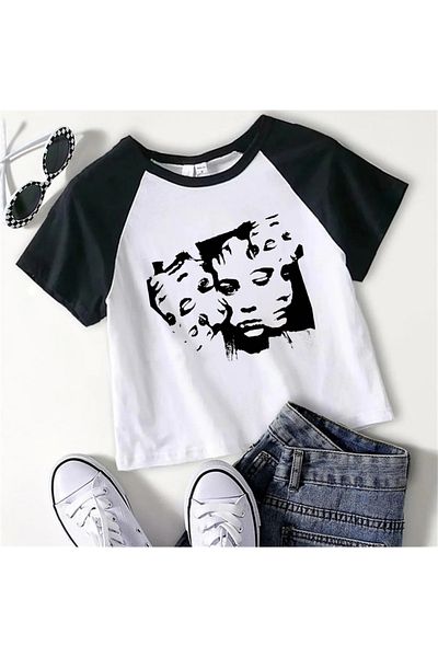 Toum Y2k Face And Eyes White Raglan Sleeve Crop