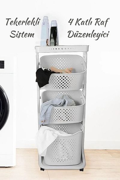 Titiz Plastik LEON LIFE Φαρδύ ράφι με ρόδες 4 επιπέδων Ράφι μπάνιου Καλάθι πλυντηρίου (ανοιχτό γκρι)
