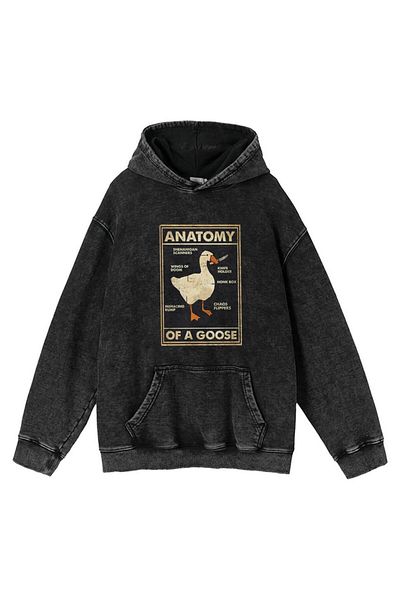 Touz Duck Anatomy Printed Washed Vintage Unisex Oversize Hooded Sweatshirt