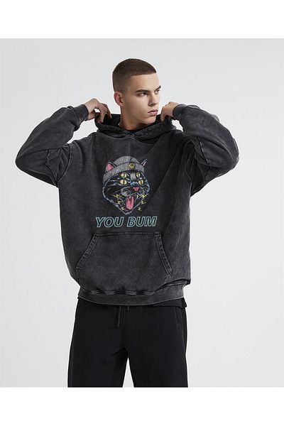 Touz You Bum Cat Printed Washed Vintage Unisex Oversize Hooded Sweatshirt