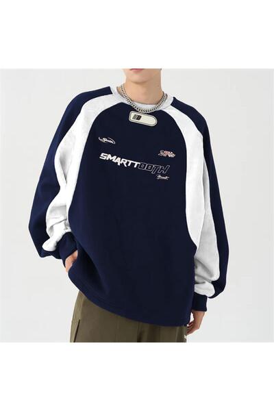 Touz Y2K Streetwear Smarttooth Printed Navy Blue Unisex Oversize Crew Neck Sweatshirt