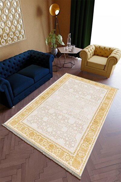 10 Post Online Salon Halısı Modern Spor Altın Gold Kaydırmaz Kesme Yıkanabilir Ince Halı Tüysüz Kilim