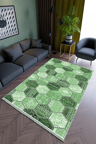 10 Post Online Salon Halısı Modern Yeşil Patchwork Yolluk Kaymaz Yuvarlak Ova...