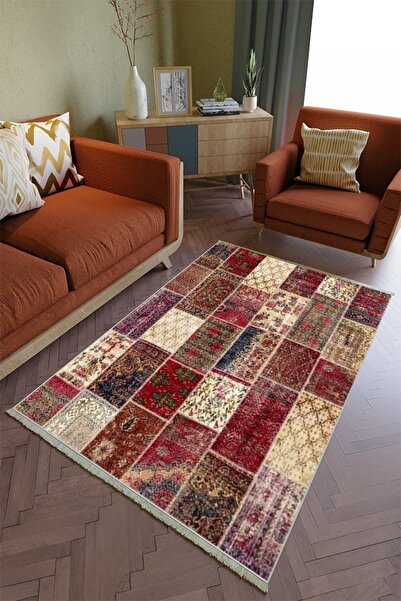 10 Post Online Salon Halısı Otantik Bordo Patchwork Yolluk Kaymaz Yuvarlak Ov...
