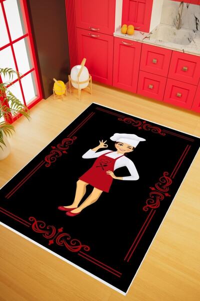 10 Post Online Mutfak Halısı Modern Aşçı Temalı Siyah Kırmızı Kaydırmaz Kesme...