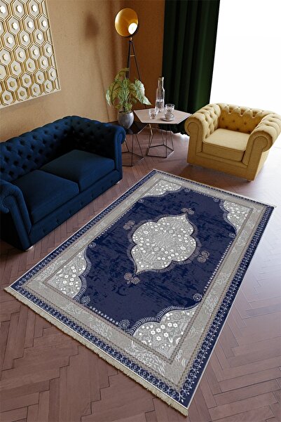 10 Post Online Salon Halısı Spor Lacivert Gri Yolluk Kaymaz Yuvarlak Oval Kes...