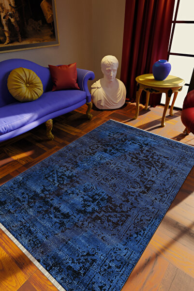 10 Post Online Klasik Eskitme Sax Mavi Dijital Baskı Halı Kaydırmaz Ince Yıkanabilir