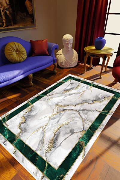 10 Post Online Salon Halısı Eskitme Geometrik Mermer Metalik Gri Yeşil Kaydır...