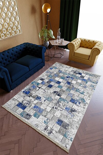 10 Post Online Salon Halısı Spor Lacivert Patchwork Yolluk Kaymaz Yuvarlak Ov...