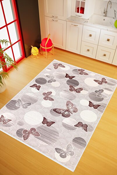 10 Post Online Mutfak Halısı Figürlü Çiçekli Kelebek Desenli Gri Kahverengi K...
