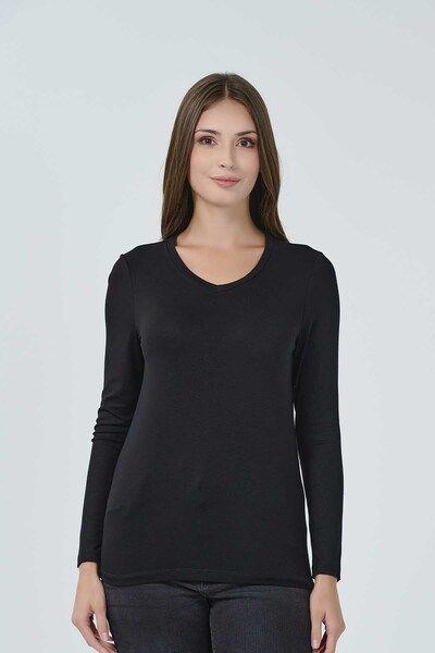 TOLGA SARAÇOĞLU 10538 ΜΑΥΡΟ ΜΠΛΟΥΖΙ V-NECK ΜΑΚΡΥΜΑΝΙΚΙ