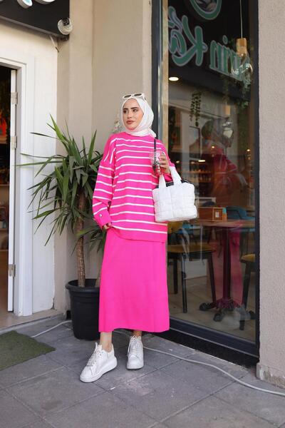 lurex moda ÇİZGİLİ TUNİK ETEK TRİKO TAKIM