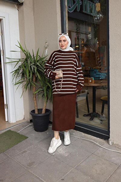 lurex moda ÇİZGİLİ TUNİK ETEK TRİKO TAKIM