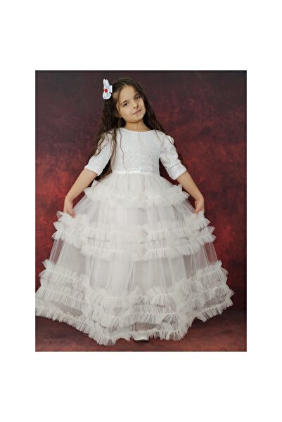 Quzucuk Kids Kız Çocuk Pulpayet Detaylı Beyaz Prenses Elbise