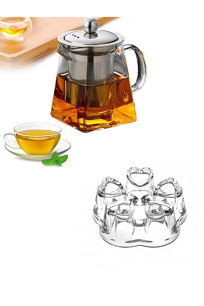 morponi 750 ml Pyramid Teapot and Heater Set with Borosilicate Glass Metal Strainer and Metal Lid