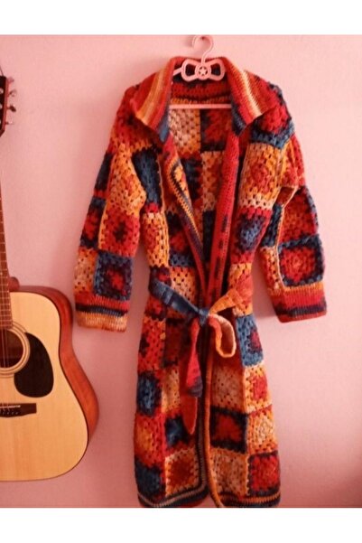 örgüdelisi Women's Hand Knitted Square Motif Cardigan