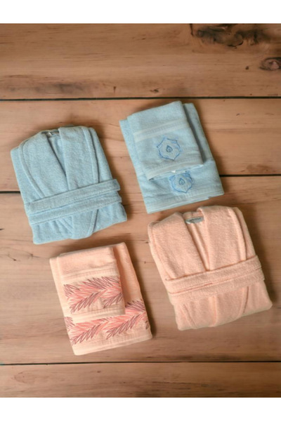 Bayev Minteks Silver Синьо-рожевий 6-предметний комплект халатів з рушниками - Сімейний комплект рушників та халатів для ванної кімнати