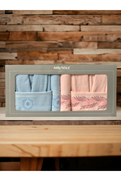 Bayev Minteks Silver Синьо-рожевий 6-предметний комплект халатів з рушниками - Сімейний комплект рушників та халатів для ванної кімнати