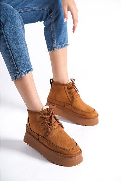 TOPUK Hugu Bağcıklı Kalın Tabanlı İçi Kürklü Kadın Bot Taba