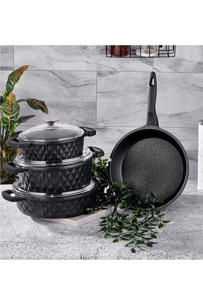 Taç Carabella 7 Piece Black Cookware Set - With Cast Glass Lid - Tac-3817