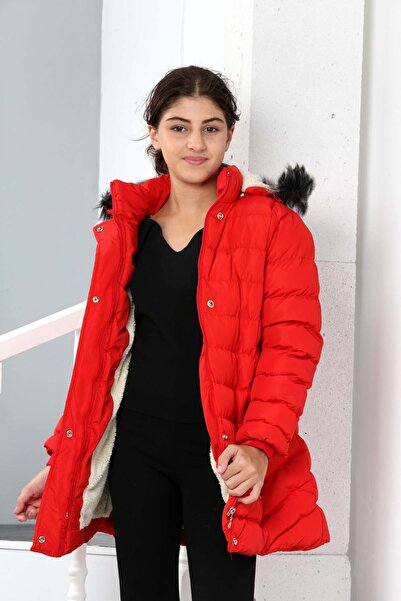 Buket Tekstil Girl's Red Extra Soft Filled Hooded Faux Fur Plush Inside Faux Fur Coat