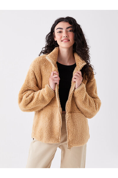 LC Waikiki Állványgalléros sima, hosszú ujjú, túlméretezett női plüss kardigán