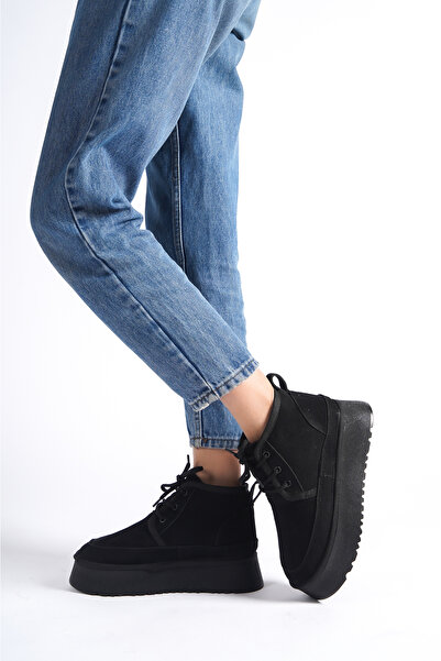 TOPUK Hugu Bağcıklı Kalın Tabanlı İçi Kürklü Kadın Bot Siyah